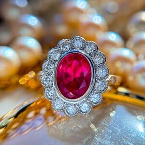 Victorian Inspired Ruby and Diamond Halo Ring in 14k White and Yellow Gold